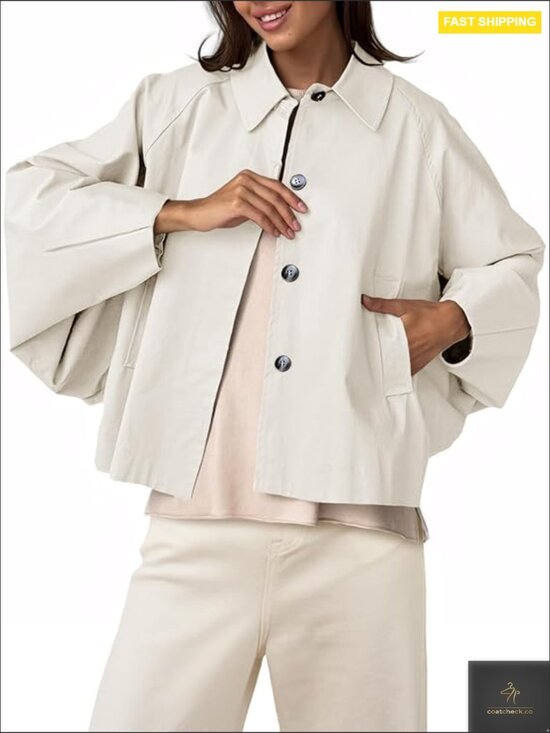 Jackets & Blazers - Cropped Trench Coat Lightweight Batwing Sleeve Oversized Chic Casual Outerwear
